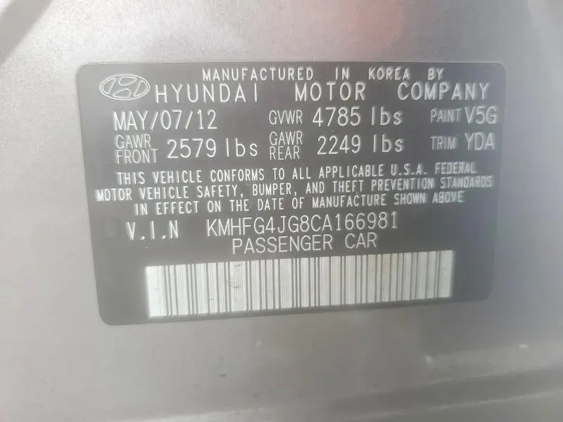 2012 HYUNDAI AZERA BASE  