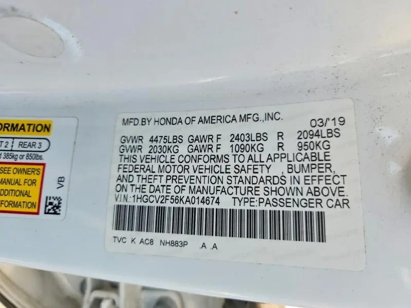 2019 HONDA ACCORD EXL  