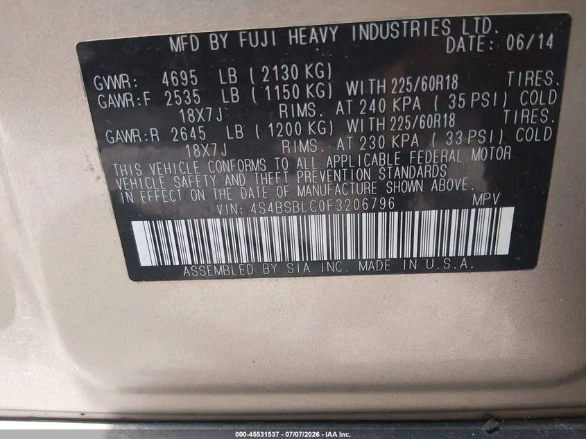 2015 SUBARU OUTBACK 2.5I LIMITED