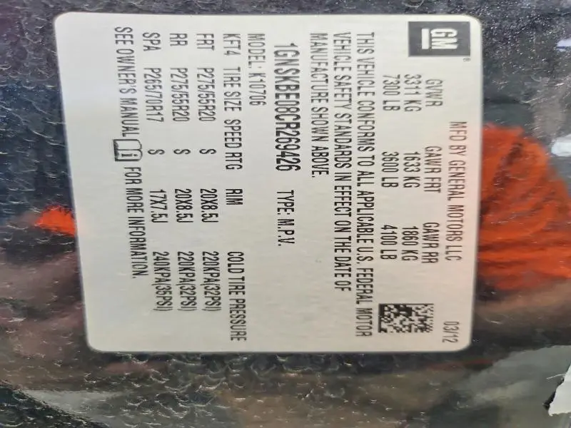 2012 CHEVROLET TAHOE K1500 LT  