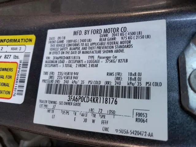 2019 FORD FUSION SEL  