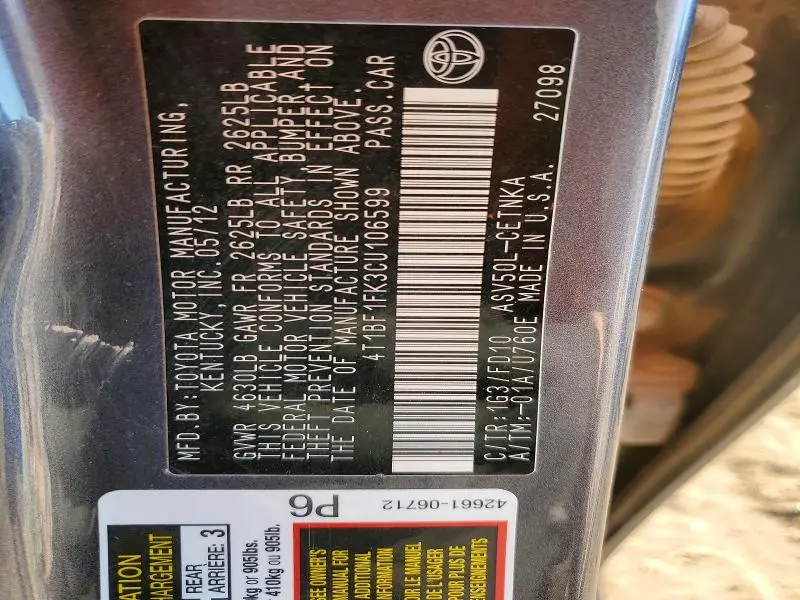 2012 TOYOTA CAMRY BASE  