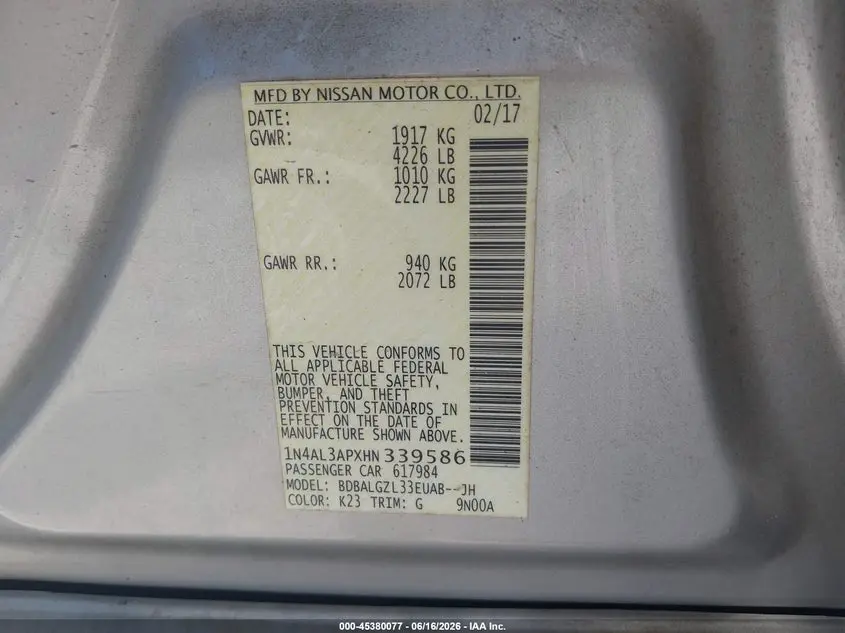 2017 NISSAN ALTIMA 2.5 S