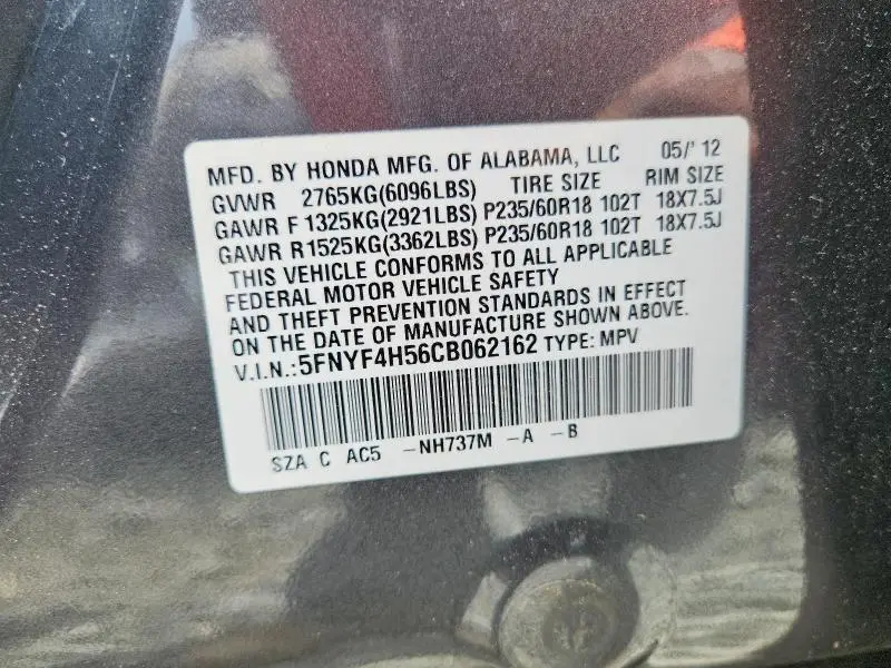 2012 HONDA PILOT EXL  