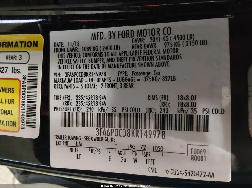 2019 FORD FUSION SEL