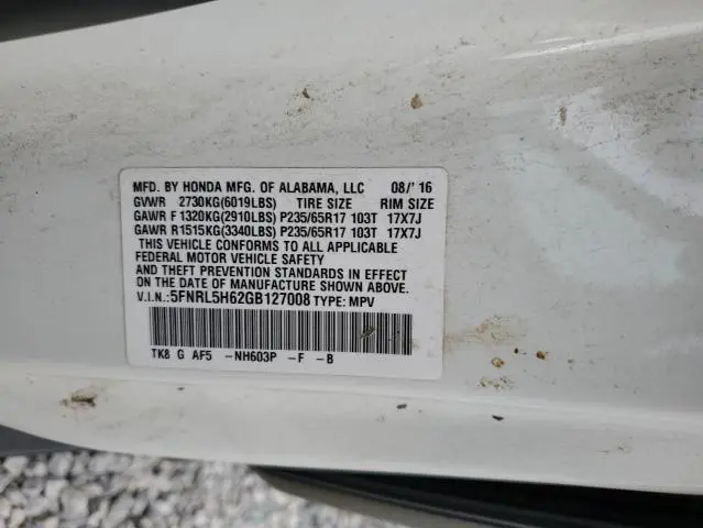 2016 HONDA ODYSSEY EXL  