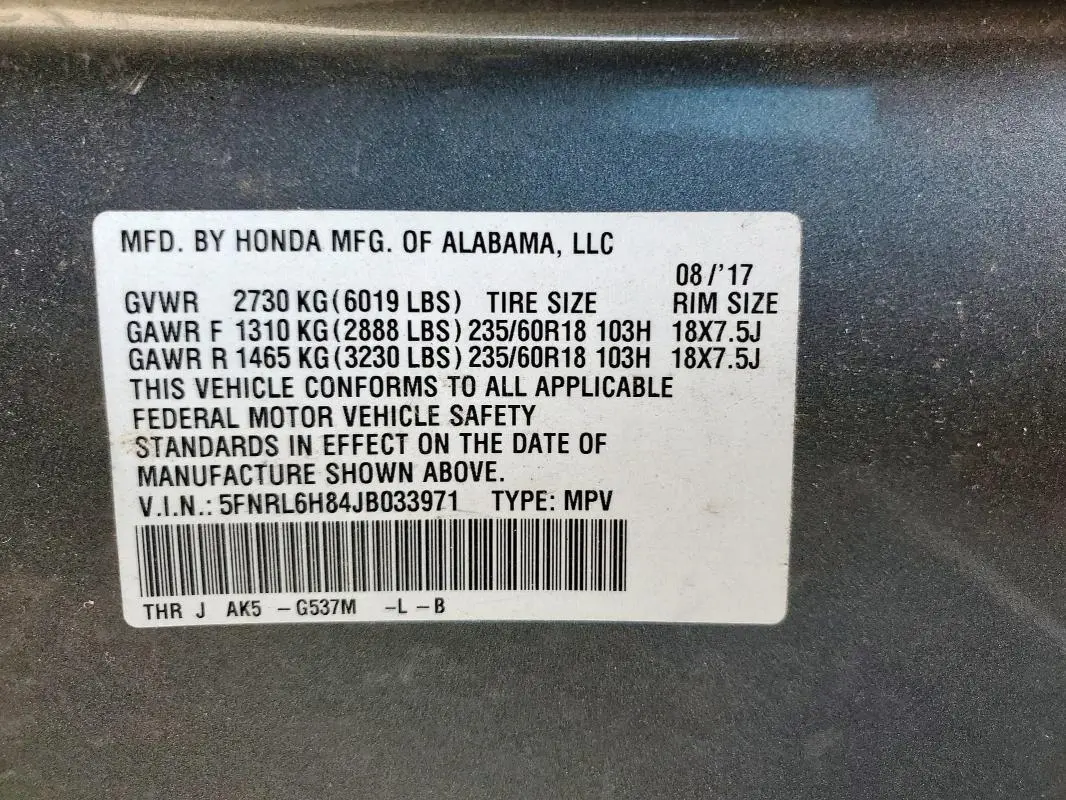 2018 HONDA ODYSSEY TOURING  