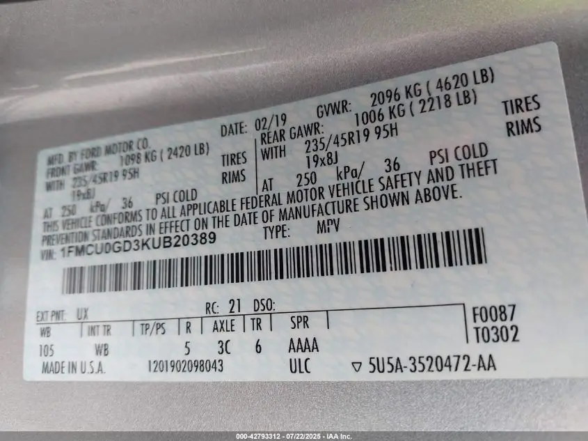 2019 FORD ESCAPE SE