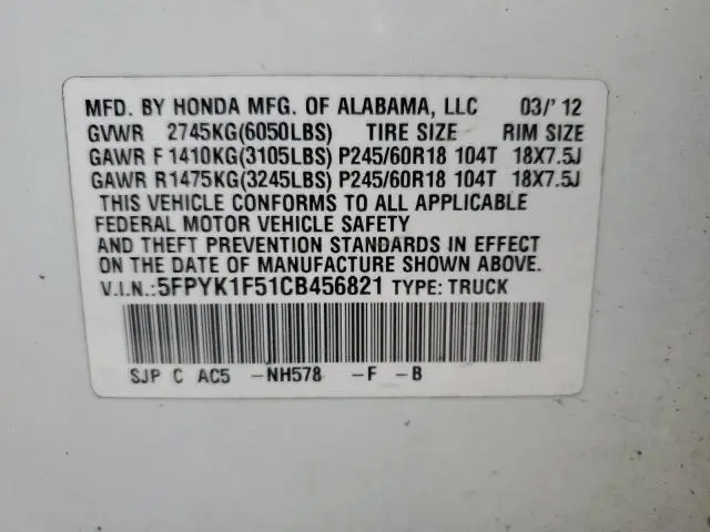 2012 HONDA RIDGELINE RTL  