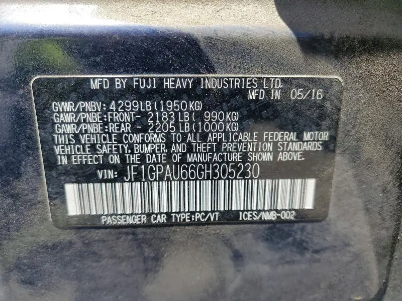 2016 SUBARU IMPREZA SPORT LIMITED  