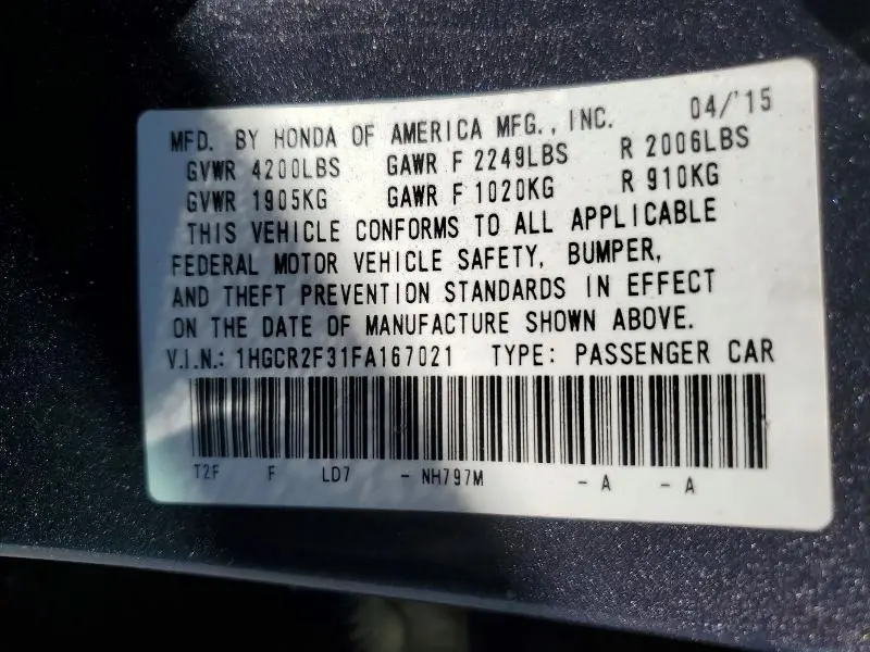 2015 HONDA ACCORD LX  