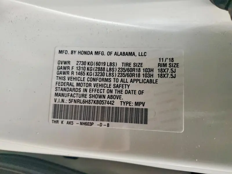 2019 HONDA ODYSSEY TOURING  