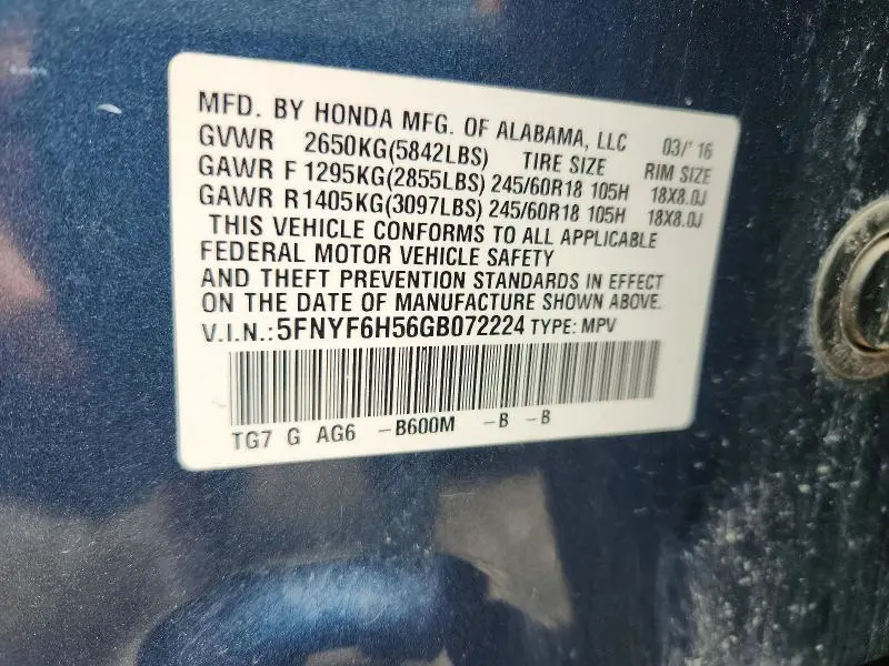 2016 HONDA PILOT EXL  