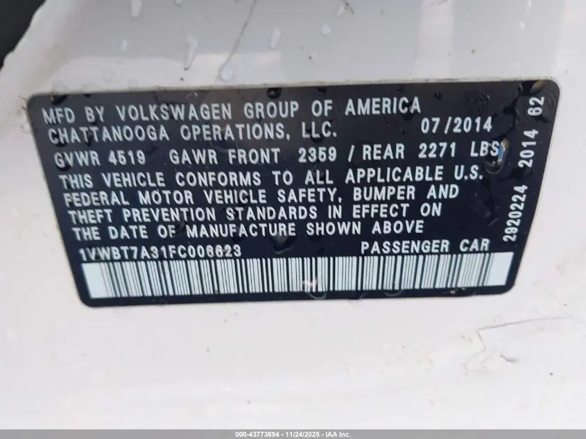 2015 VOLKSWAGEN PASSAT 1.8T SE