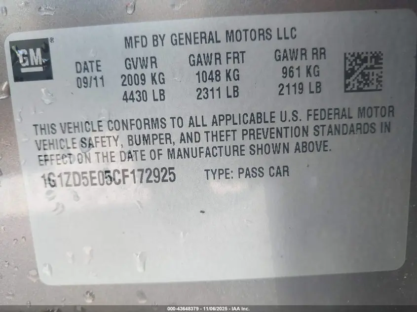 2012 CHEVROLET MALIBU 2LT