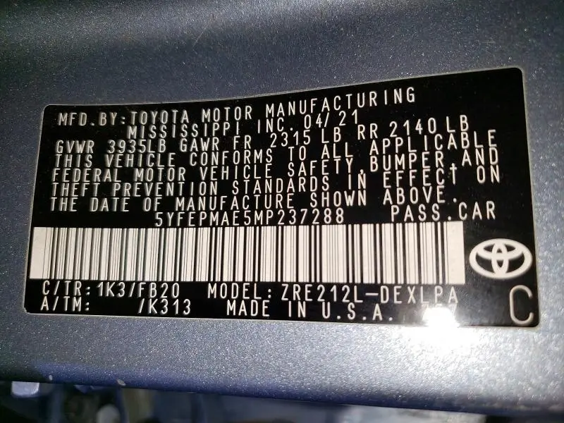 2021 TOYOTA COROLLA LE  