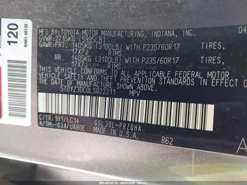 2020 TOYOTA SIENNA XLE