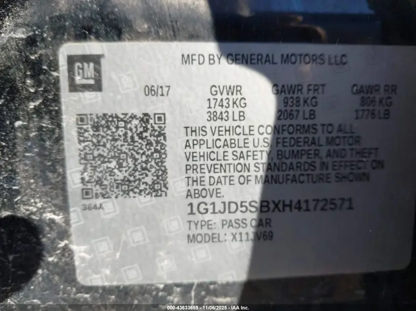 2017 CHEVROLET SONIC LT AUTO