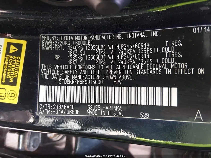 2014 TOYOTA HIGHLANDER LE PLUS V6