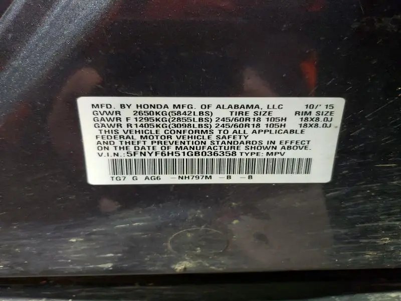 2016 HONDA PILOT EXL  