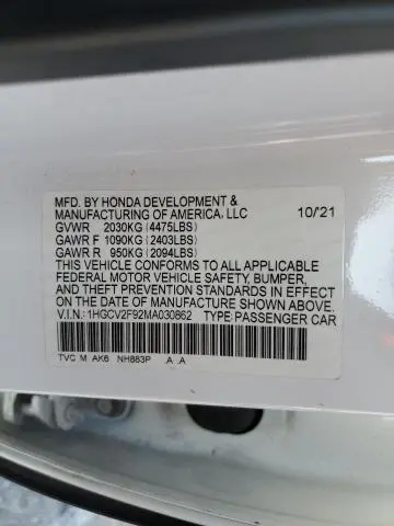 2021 HONDA ACCORD TOURING  