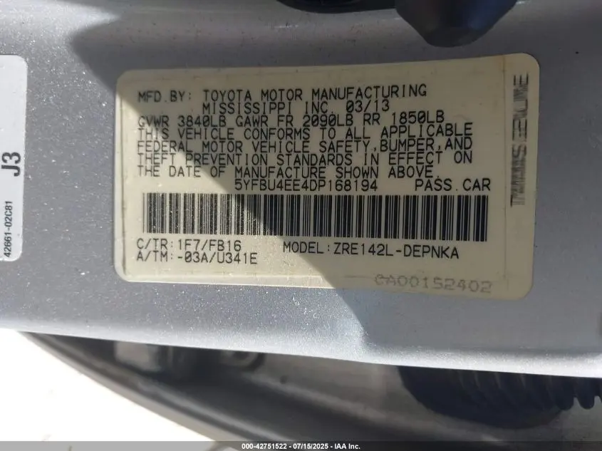 2013 TOYOTA COROLLA LE