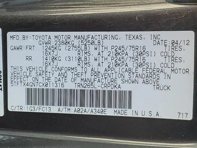 2012 TOYOTA TACOMA PRERUNNER ACCESS CAB  