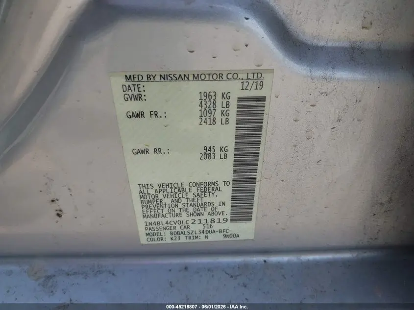 2020 NISSAN ALTIMA SR FWD