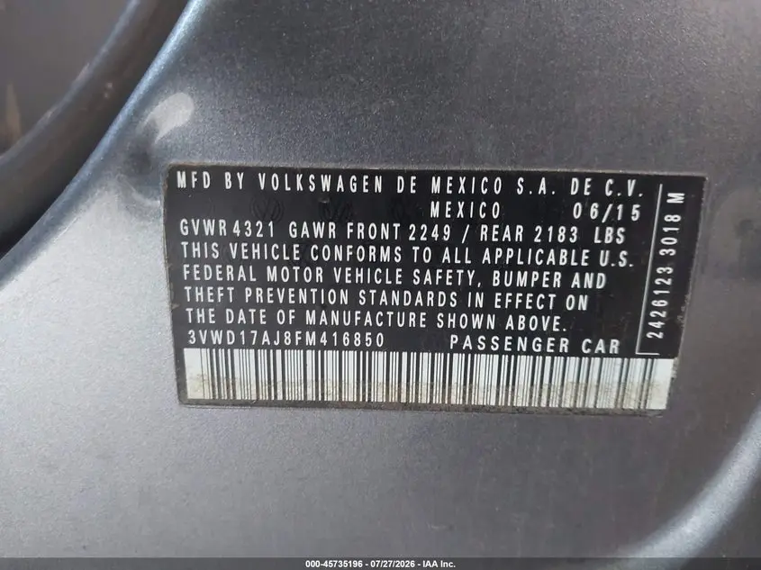 2015 VOLKSWAGEN JETTA 1.8T SPORT
