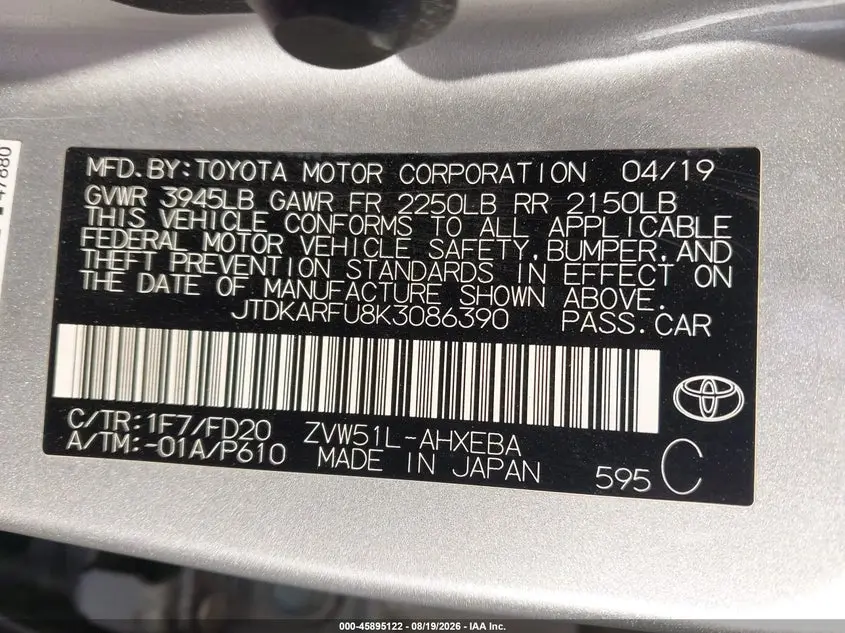 2019 TOYOTA PRIUS LE