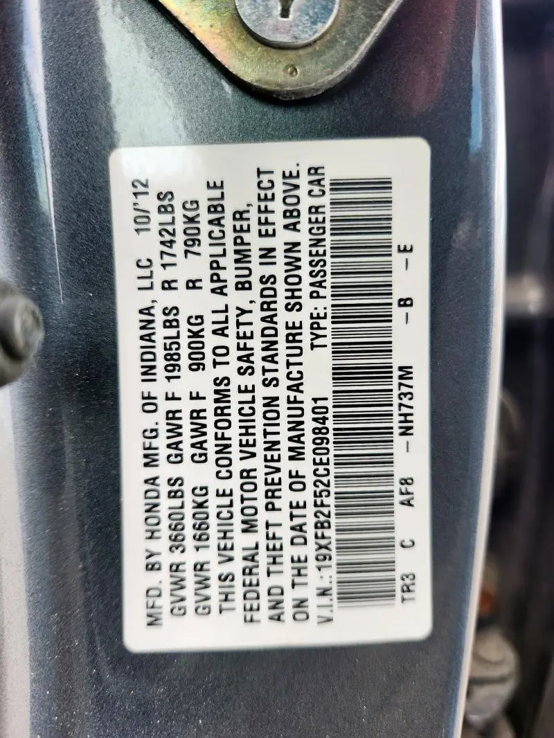 2012 HONDA CIVIC LX  