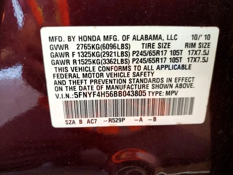 2011 HONDA PILOT EXL  