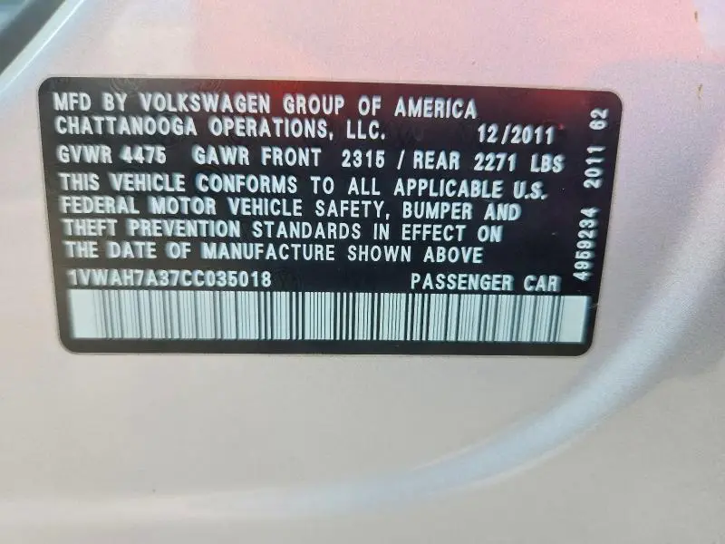 2012 VOLKSWAGEN PASSAT S  