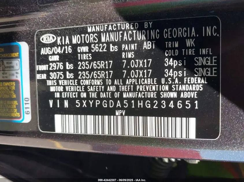 2017 KIA SORENTO 3.3L LX