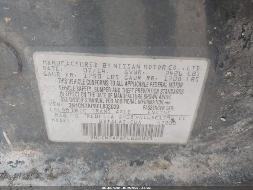 2015 NISSAN VERSA 1.6 S+