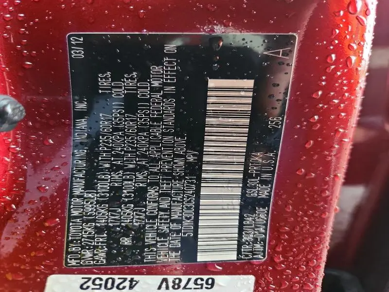 2012 TOYOTA SIENNA XLE 8-PASSENGER  