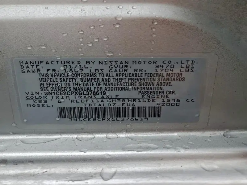 2016 NISSAN VERSA NOTE S  