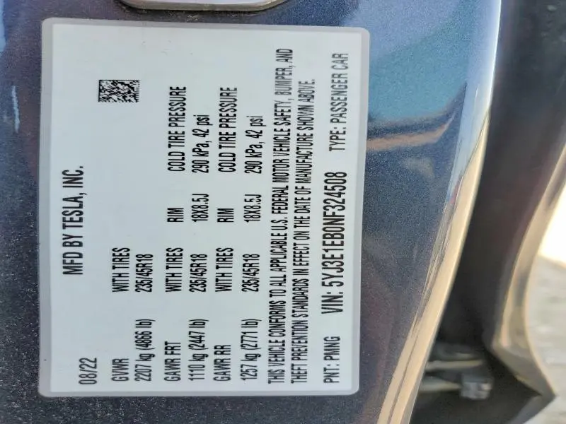 2022 TESLA MODEL 3   