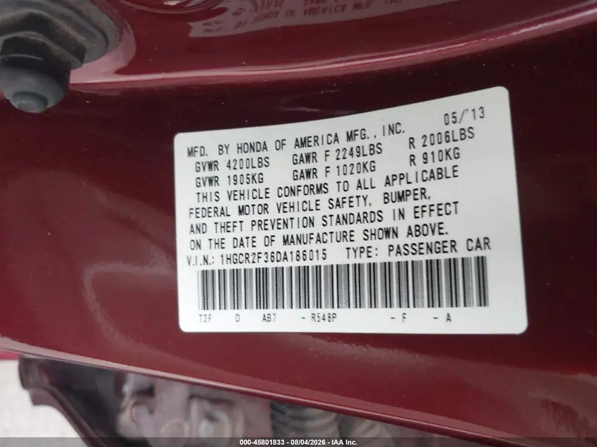2013 HONDA ACCORD LX