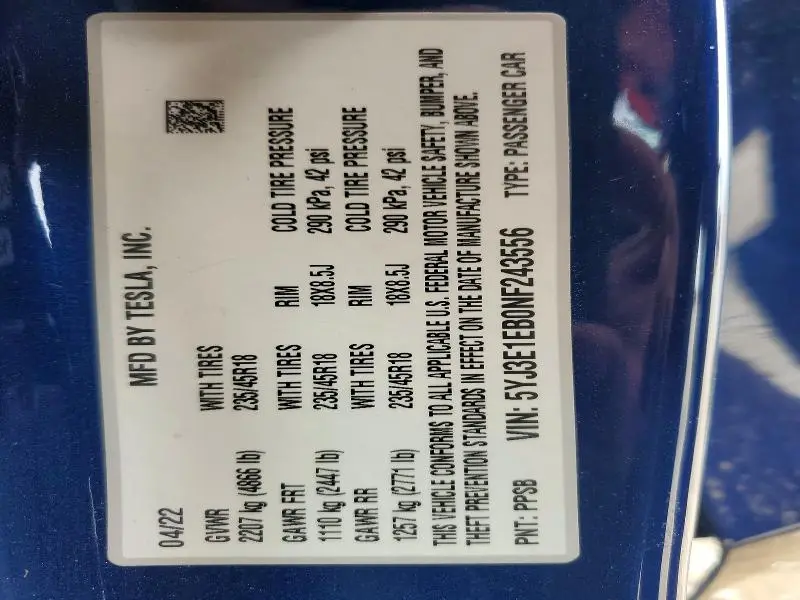 2022 TESLA MODEL 3   