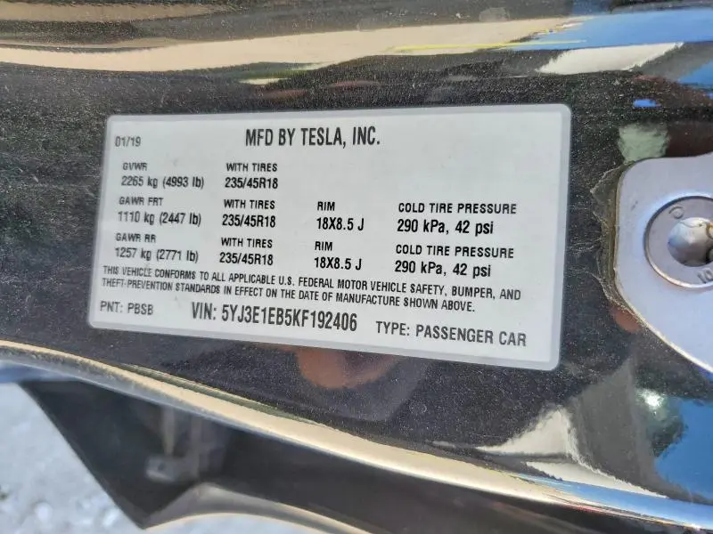 2019 TESLA MODEL 3   