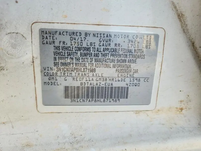 2017 NISSAN VERSA 1.6 S PLUS  