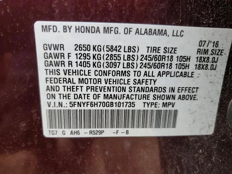 2016 HONDA PILOT EXLN  