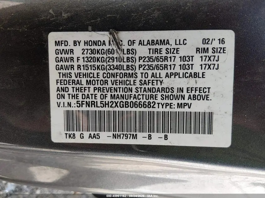 2016 HONDA ODYSSEY LX
