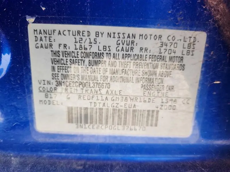 2016 NISSAN VERSA NOTE SR  