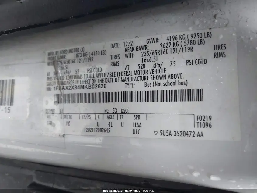 2021 FORD TRANSIT-350 PASSENGER VAN XL