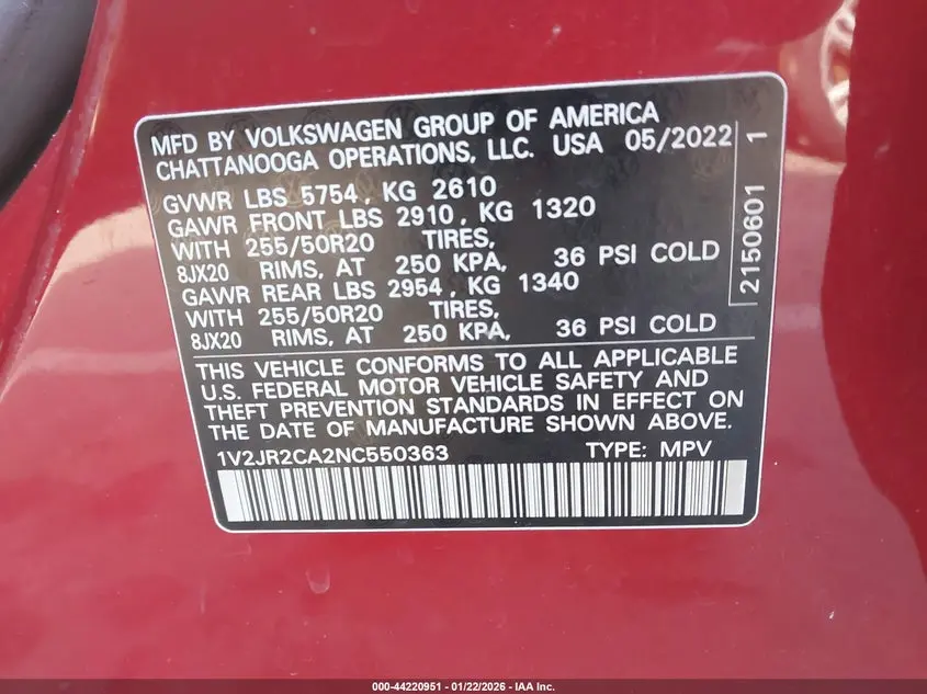 2022 VOLKSWAGEN ATLAS 3.6L V6 SE W/TECHNOLOGY
