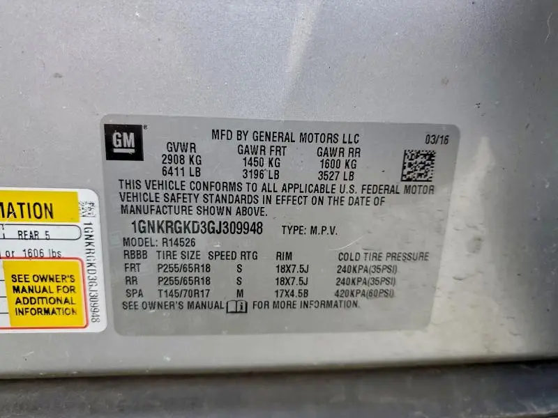 2016 CHEVROLET TRAVERSE LT  