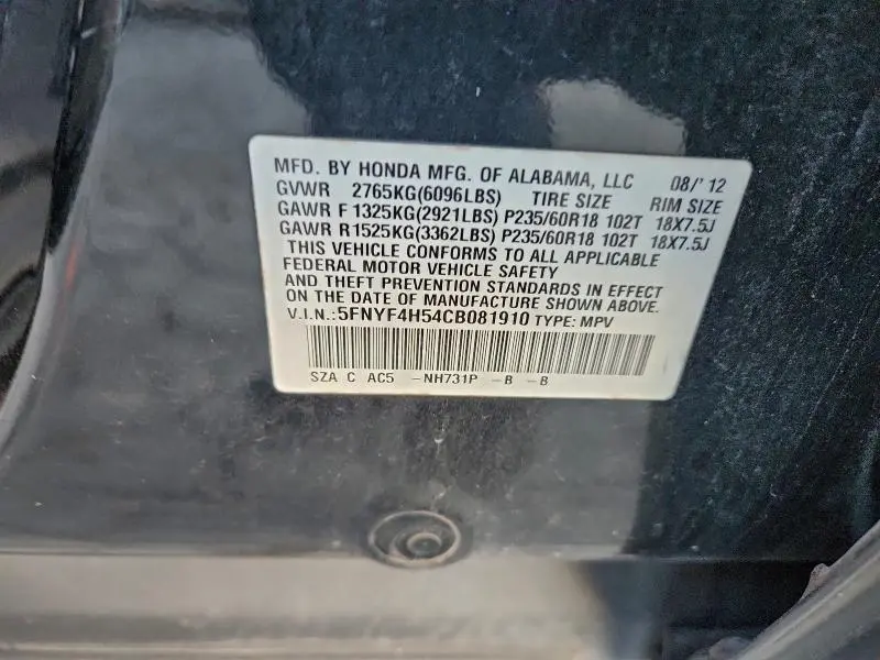 2012 HONDA PILOT EXL  