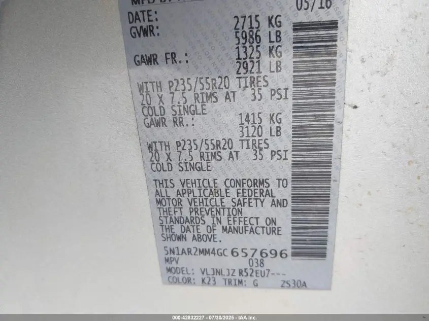 2016 NISSAN PATHFINDER PLATINUM